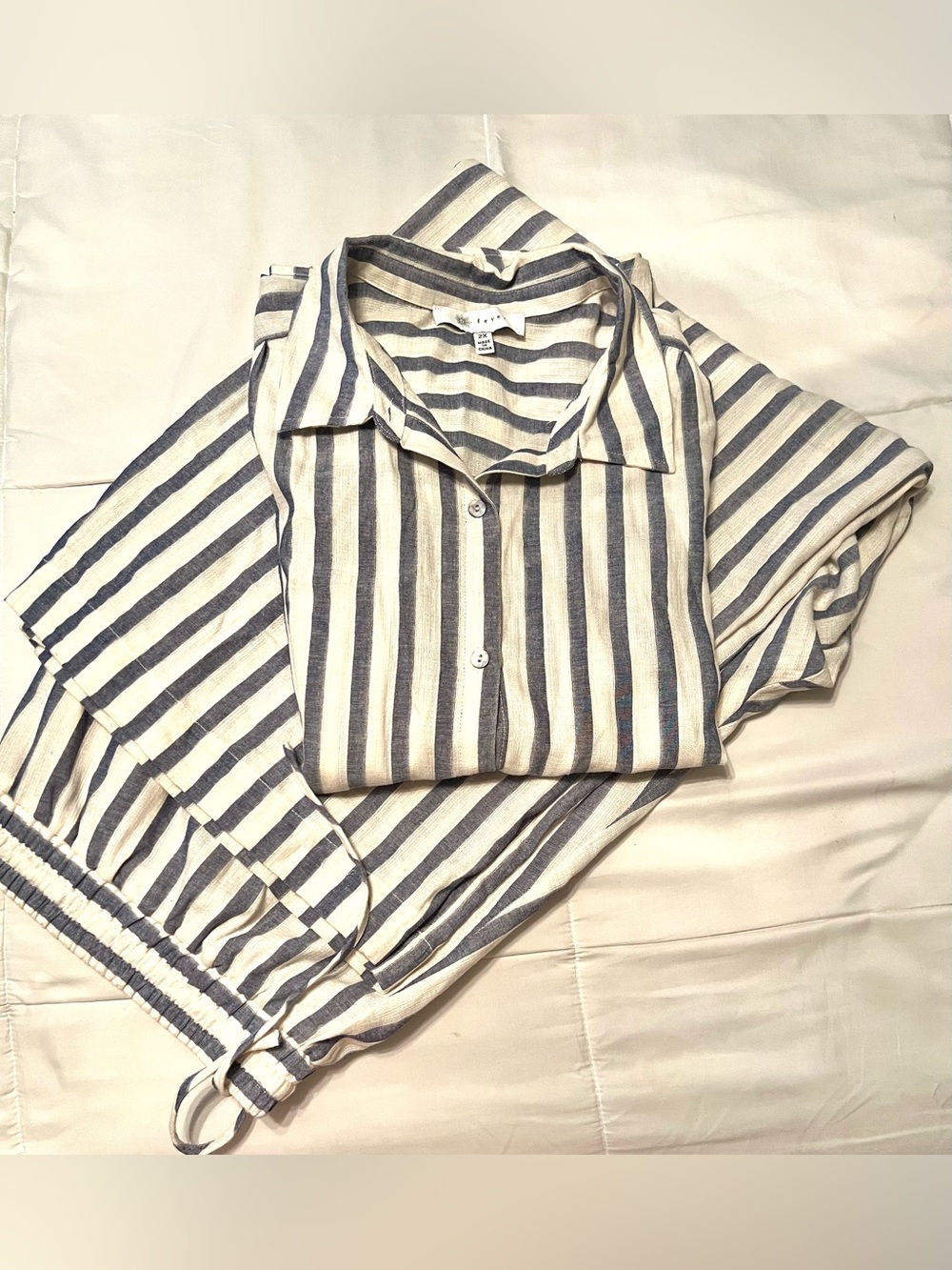 Fever 2-Piece Coastal Nautical Inspired Vertical Striped Cotton Set-Size 2X Plus